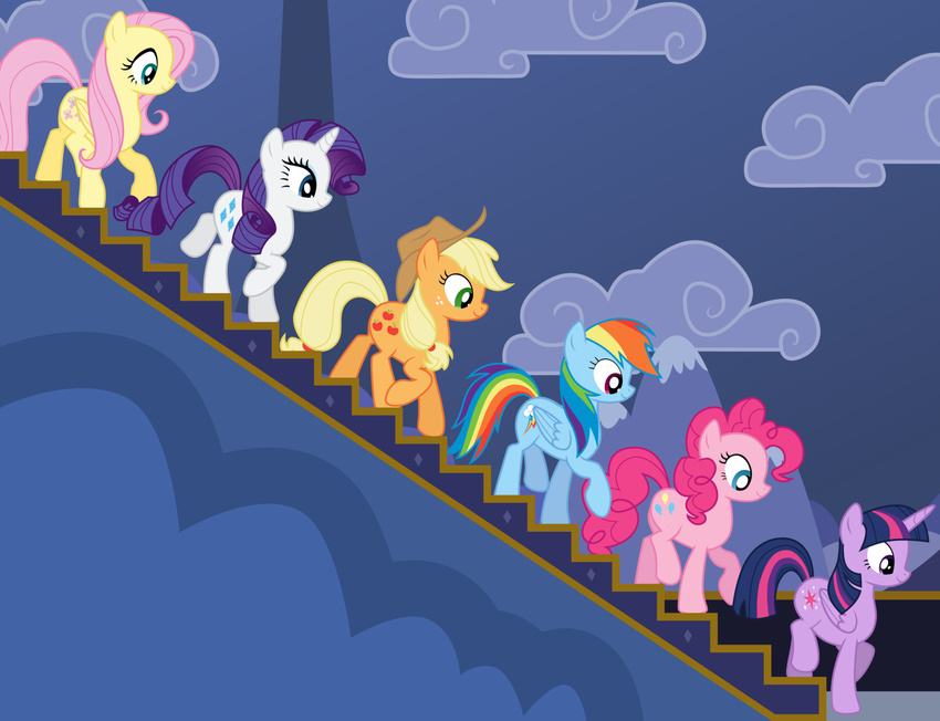 applejack_(mlp) blonde_hair blue_eyes cutie_mark earth_pony equine feathered_wings feathers female feral fluttershy_(mlp) friendship_is_magic green_eyes hair horn horse mammal multicolored_hair my_little_pony pegasus pink_hair pinkie_pie_(mlp) pony purple_eyes purple_hair rainbow_dash_(mlp) rainbow_hair rarity_(mlp) tomfraggle_(artist) twilight_sparkle_(mlp) unicorn winged_unicorn wings