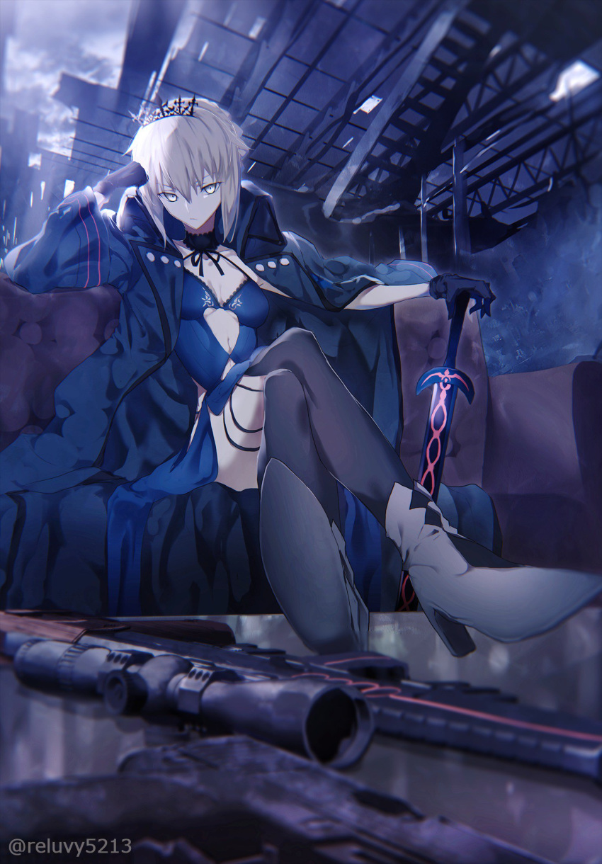 1girl ahoge artoria_pendragon_(all) bangs black_gloves blonde_hair blue_coat blue_dress blurry_foreground boots braid breasts choker closed_mouth cloud coat coffee_table collarbone corruption couch crown_braid dark_excalibur dark_persona dress elbow_rest expressionless fate/stay_night fate_(series) feet_on_table gloves gun hair_ribbon hand_on_sword handgun head_on_hand high_heel_boots high_heels highres indoors lace lace-trimmed_dress lace_choker legs_crossed long_coat long_hair looking_at_viewer medium_breasts navel night reluvy ribbon rifle ruins saber_alter sidelocks sitting sniper_rifle solo sword thigh_strap tiara tsurime twitter_username weapon yellow_eyes