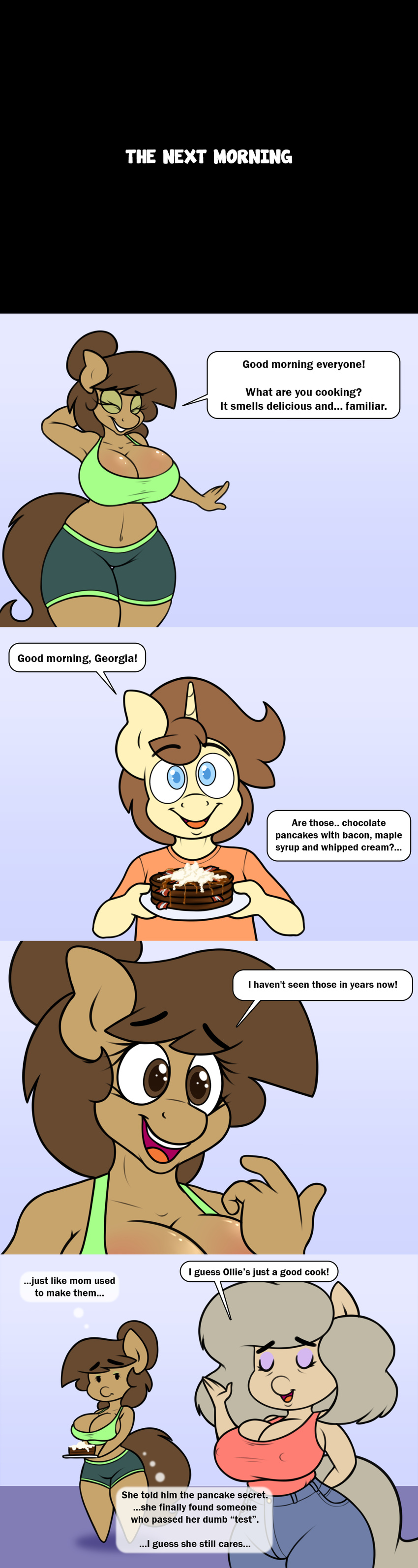 anthro bacon big_breasts breasts cleavage clothed clothing comic dialogue english_text equine fan_character female food georgia_lockheart hellen_lockheart horn horse mammal mature_female my_little_pony oliver_cotter pancake pony stunnerpony text tumblr unicorn