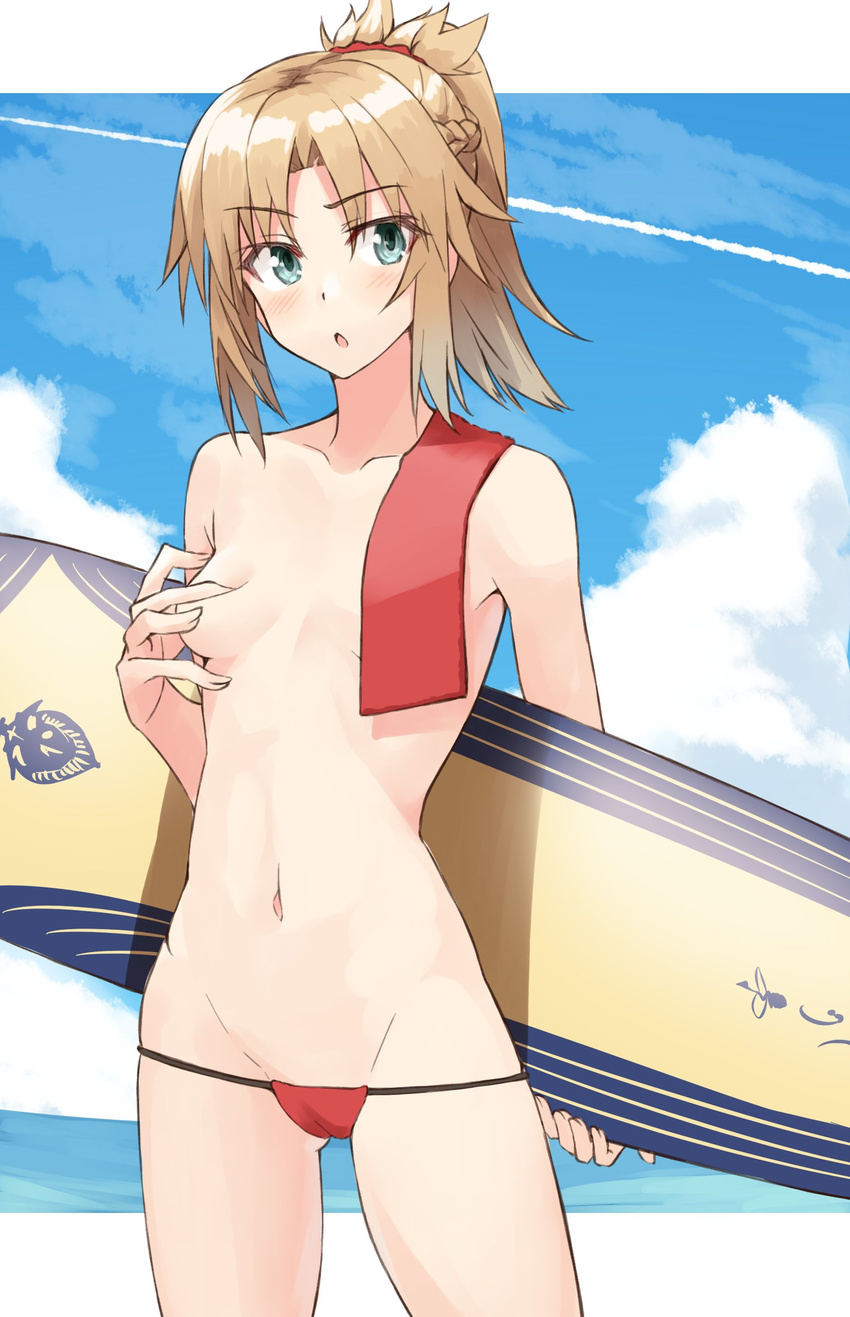 absurdres arm_behind_back ass_visible_through_thighs bikini bikini_bottom blue_eyes blue_sky blush braid breasts cameltoe cloud covering_nipples cowboy_shot day eyebrows_visible_through_hair fate/grand_order fate_(series) half_updo hand_on_own_chest highres light_brown_hair lowleg lowleg_bikini mordred_(fate)_(all) mordred_(swimsuit_rider)_(fate) navel open_mouth outdoors ponytail prydwen red_bikini_bottom red_towel shunichi sky small_breasts solo surfboard swimsuit topless towel towel_on_one_shoulder