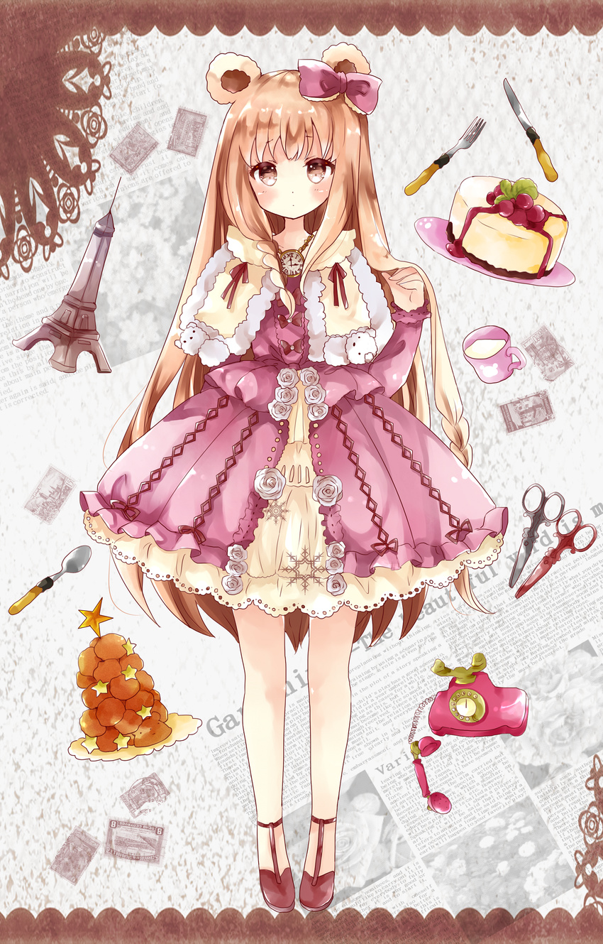 absurdres animal_ears bad_id bad_pixiv_id bear_ears bow bow_dress braid brown_eyes capelet cheesecake commentary corded_phone croquembouche cup dress eiffel_tower eyebrows_visible_through_hair flower food fork fur-trimmed_capelet fur_trim hair_bow highres jewelry knife lace lace-trimmed_dress layered_dress light_brown_hair long_hair long_sleeves looking_at_viewer milk mug necklace no_socks original phone pink_bow pink_dress pocket_watch red_bow rose rotary_phone scissors solo spoon stamp standing star strappy_heels tsukiyo_(skymint) very_long_hair watch