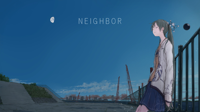 alternate_costume bangs blue_skirt blue_sky building bush buttons casual city cityscape closed_eyes closed_mouth cloud construction crane cube day evening grass green_hair hair_ornament half_moon hatsune_miku highres jacket jewelry leaning_back leaning_on_rail light_smile long_hair medium_skirt moon necklace ocean orange_shirt orb outdoors plant pleated_skirt pocket prism railing shirt skirt sky sleeves_past_wrists smog solo stairs stone_floor t-shirt triangle twintails very_long_hair vocaloid white_jacket yushika