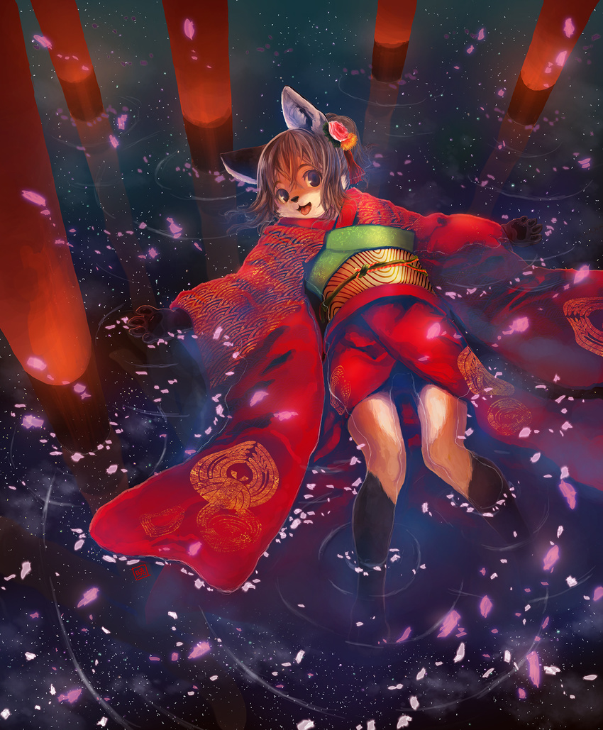 4_fingers 4_toes :3 :d akatsuki_yuuki anthro bangs black_eyes black_nose black_pawpads brown_hair canine cheek_tuft cherry_blossom clothing countershade_face countershading detailed_background digital_media_(artwork) female flower flower_in_hair fox full-length_portrait fur gloves_(marking) hair hair_between_eyes hair_ornament inner_ear_fluff japanese_clothing kemono kimono long_sleeves lying mammal markings night on_back open_mouth orange_fur outside partially_submerged pawpads petals plant ponytail portrait red_fox reflection ripples sharp_teeth signature sky smile socks_(marking) solo space spread_legs spreading teeth toes tongue tongue_out torii tuft water white_countershading white_fur wide_sleeves