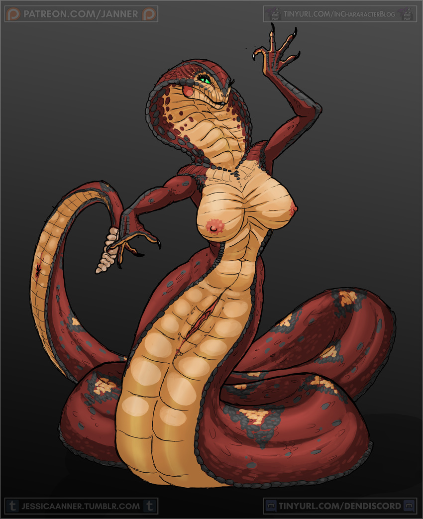 absurd_res anus big_breasts breasts claws cobra dancing female hi_res jessica_anner lamia naga pussy red_scales reptile scales scalie sha'an simple_background slightly_chubby snake solo yellow_scales