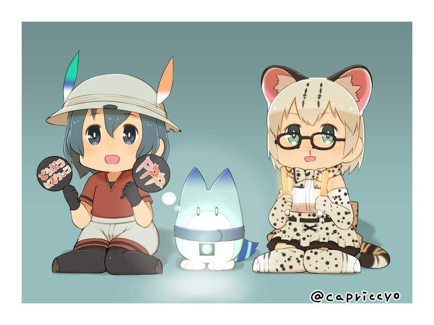 :d animal_ears aqua_eyes artist_name black_gloves black_legwear blonde_hair blood blue_background blue_eyes blue_hair blush border bow bowtie capriccyo cat_ears cat_tail chibi dual_wielding elbow_gloves eyebrows_visible_through_hair full_body gloves glowing glowstick hair_between_eyes hat hat_feather helmet holding kaban_(kemono_friends) kemono_friends looking_away lucky_beast_(kemono_friends) margay_(kemono_friends) margay_print multiple_girls nosebleed open_mouth pantyhose pith_helmet red_shirt shirt short_sleeves shorts silhouette sitting sleeveless sleeveless_shirt smile standing striped_tail tail translation_request twitter_username wariza white_shirt white_shorts