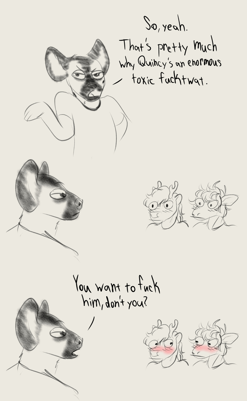 blush briar cervine comic deer dialogue group hybrid hyena invalid_tag male mammal mustelid necrosquelch nelson_milhouse otter renzotte safe sketch