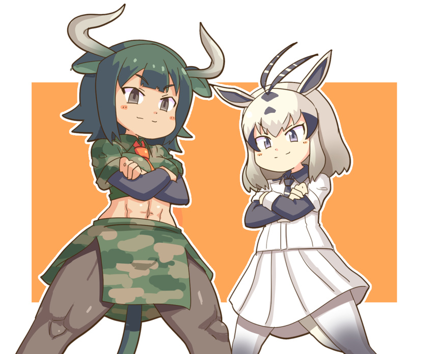 abs animal_ears antenna_hair arabian_oryx_(kemono_friends) aurochs_(kemono_friends) blush_stickers brown_eyes camouflage commentary_request crossed_arms green_hair horns kemono_friends lavender_eyes multiple_girls oryx_ears pleated_skirt pozesuke short_hair skirt smile tail