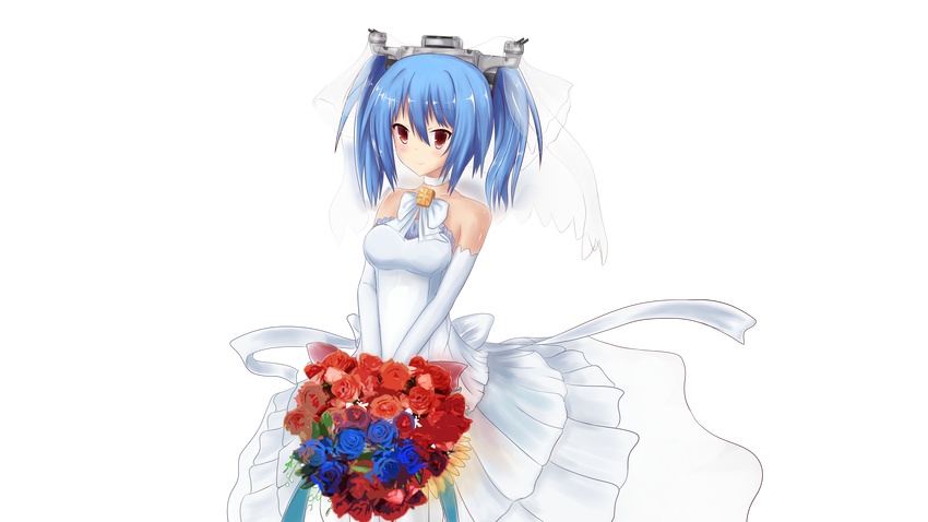 absurdres bare_shoulders blue_hair bouquet choker collarbone dress elbow_gloves flower frills gathers gloves hair_between_eyes headgear highres holding holding_bouquet light_smile looking_at_viewer mozhe_inkian prinz_eugen_(zhan_jian_shao_nyu) red_eyes short_twintails solo strapless strapless_dress transparent_background twintails two-handed wedding_dress white_choker white_dress white_gloves white_sash zhan_jian_shao_nyu