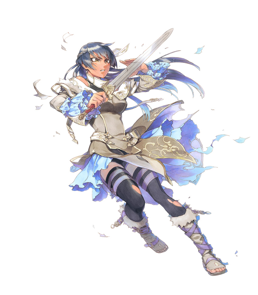 athena_(fire_emblem) black_legwear blue_hair braid breasts brown_eyes crown_braid detached_sleeves fire_emblem fire_emblem:_monshou_no_nazo fire_emblem_heroes full_body fur_trim highres holding holding_sword holding_weapon long_hair medium_breasts miyuu official_art open_toe_shoes shoes shorts solo sword torn_clothes transparent_background weapon