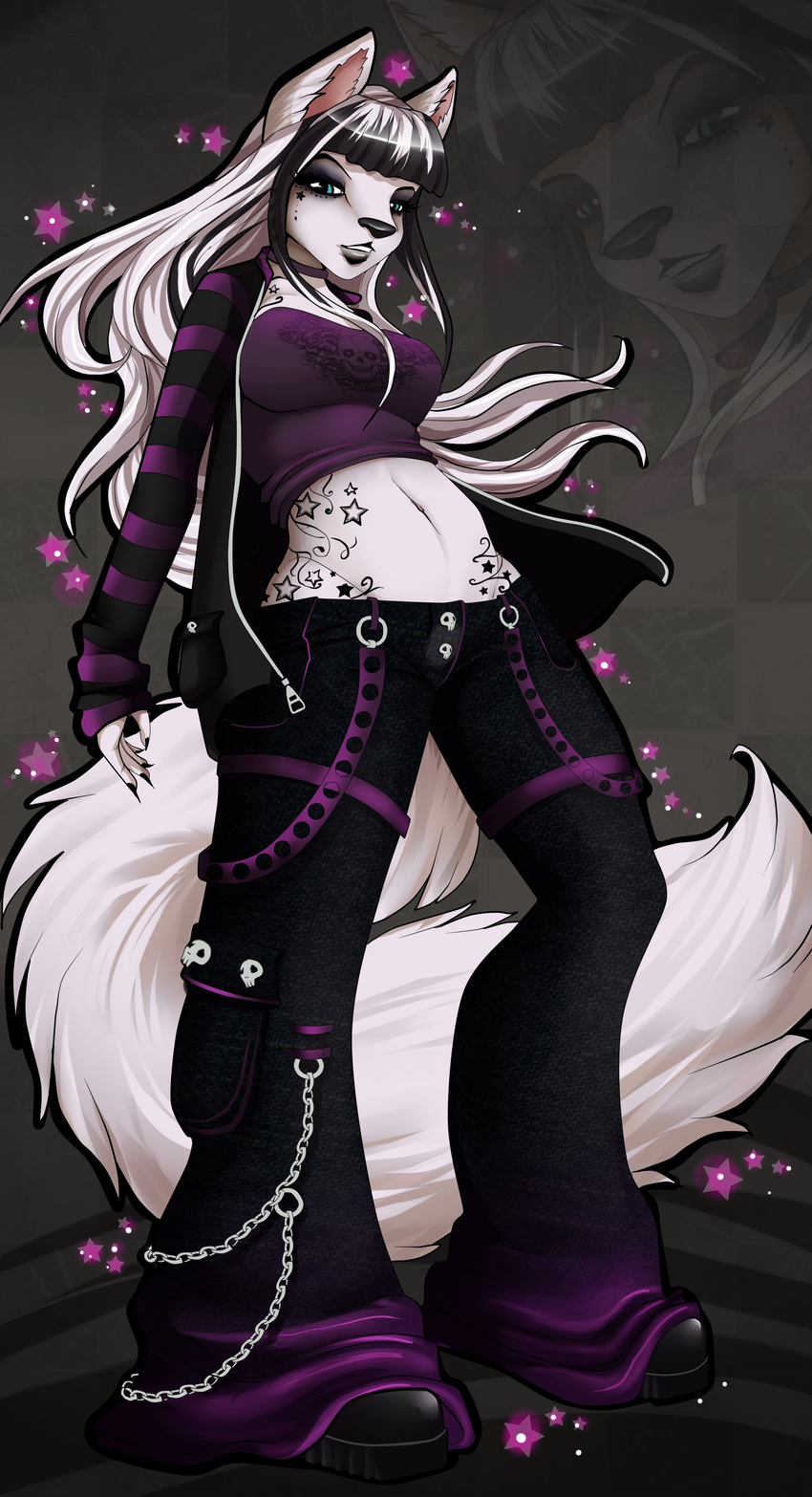 anthro blakc_nose canine clothed clothing emo eyelashes hair mammal midriff navel robyn_paperdoll solo standing white_hair wide_hips