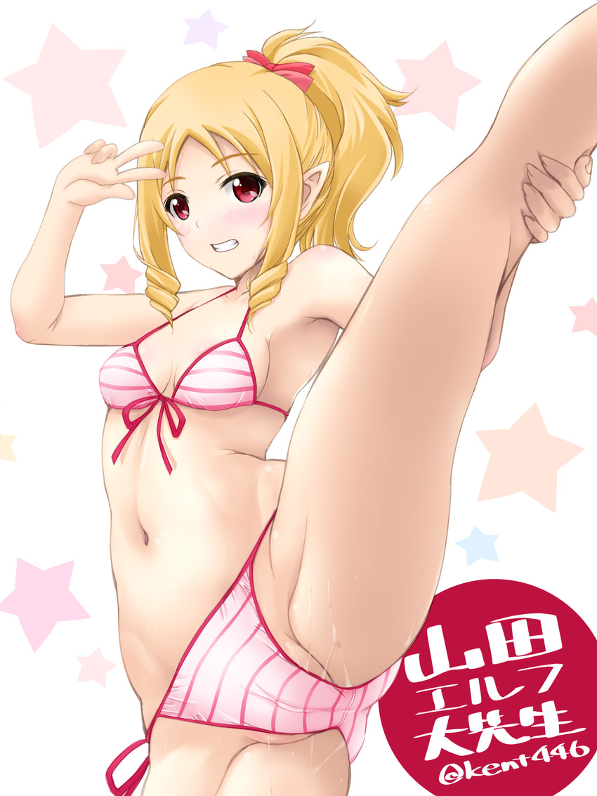 absurdres bikini blonde_hair bow breasts character_name cowboy_shot drill_hair eromanga_sensei front-tie_top hair_bow highres leg_up long_hair looking_at_viewer micro_bikini pink_bikini pointy_ears red_eyes side-tie_bikini small_breasts solo split standing standing_on_one_leg standing_split striped striped_bikini swimsuit twin_drills twitter_username v v_over_eye yamada_elf yoshimura_kentaro