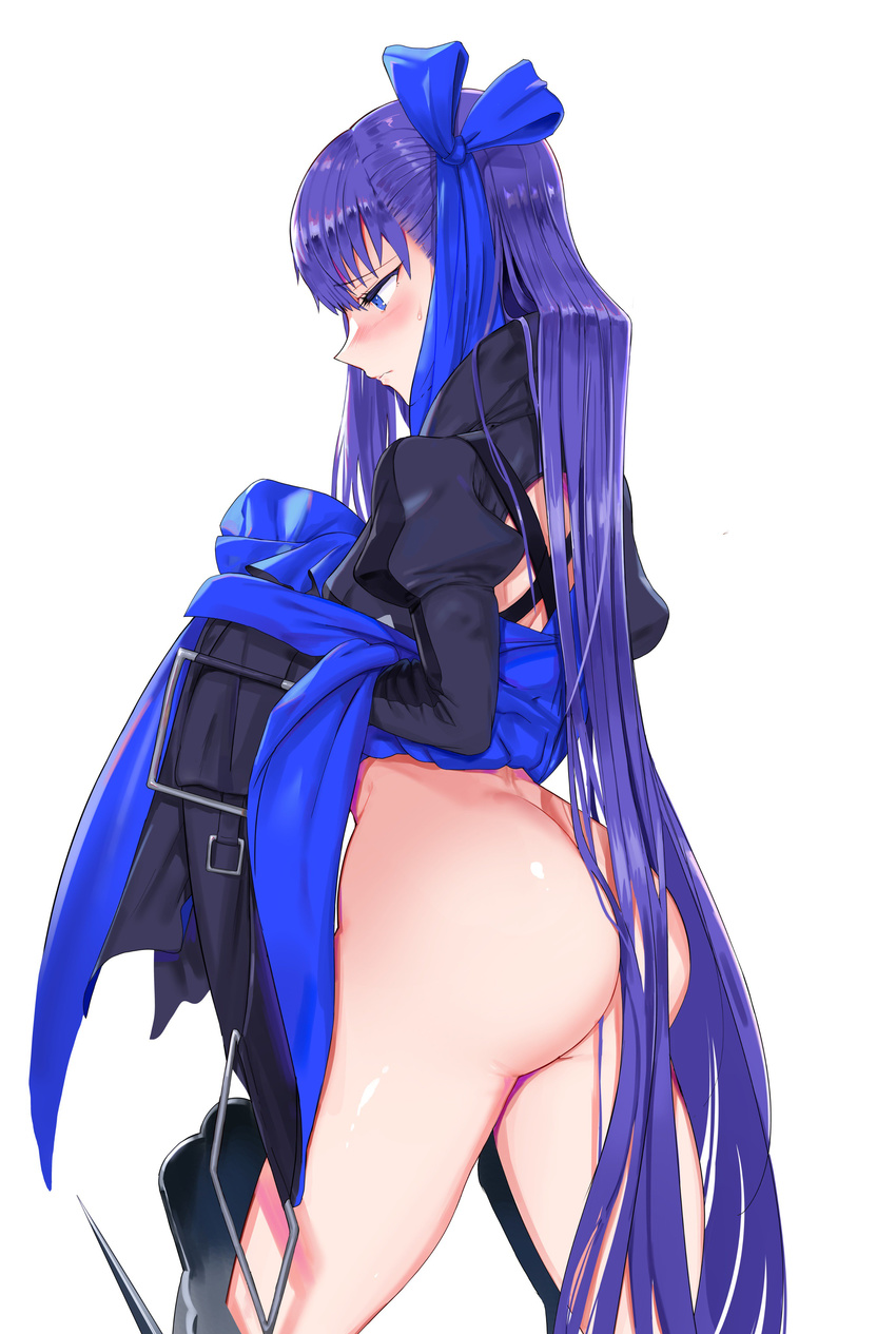 absurdres armor armored_boots ass back bangs black_coat blue_eyes blue_ribbon boots breasts closed_mouth coat cowboy_shot eyebrows_visible_through_hair fate/extra fate/extra_ccc fate_(series) flashing from_behind groin hair_between_eyes hair_ribbon hands_up highres juliet_sleeves legs_apart lifted_by_self long_coat long_hair long_sleeves looking_down meltlilith open_clothes open_coat profile puffy_sleeves purple_hair revealing_clothes ribbon side_ribbon simple_background skirt skirt_lift sleeves_past_wrists small_breasts solo spikes ssamjang_(misosan) sweatdrop thigh_boots thighhighs thighs very_long_hair very_long_sleeves white_background