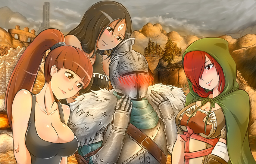 ambiguous_gender armor bangs bare_arms bare_shoulders bearer_of_the_curse black_hair blunt_bangs blush bow breastplate breasts brown_eyes brown_hair buckle camisole cleavage cloak closed_mouth collarbone dark_skin dark_souls_ii day dress emerald_herald facial_mark forehead_mark full_armor fur gauntlets hair_over_one_eye hands_up harem head_tilt helmet high_ponytail highres hood hood_up hooded_cloak large_breasts lips long_hair looking_at_another mountain multiple_girls outdoors parted_lips patrickdja pink_ribbon ponytail red_eyes red_hair ribbon rosabeth_of_melfia shirt sleeveless sleeveless_shirt smile souls_(from_software) standing stone_trader_chloanne upper_body visor_(armor)