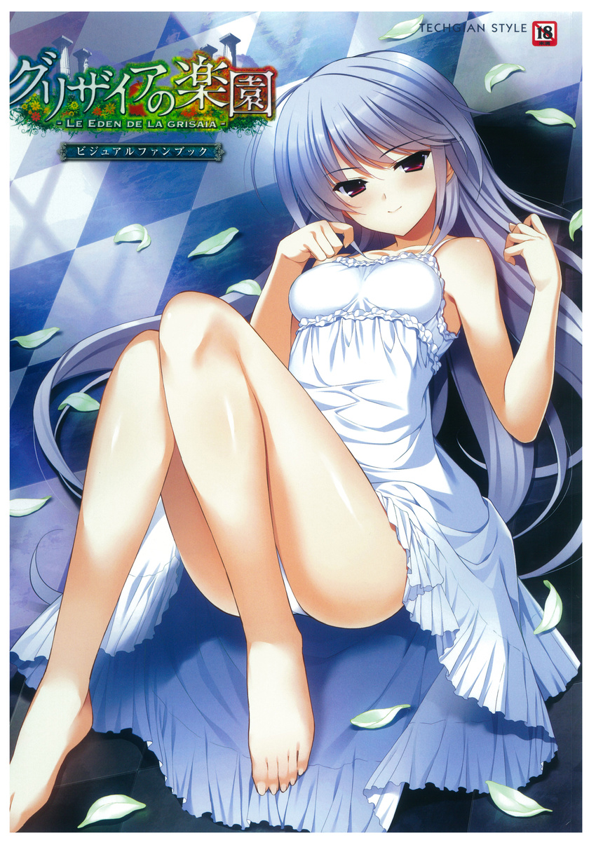 ahoge bangs bare_arms bare_legs barefoot blush border breasts breasts_apart checkered checkered_floor collarbone copyright_name cover cover_page day dress dutch_angle eyebrows_visible_through_hair feet frilled_dress frills fumio_(ura_fmo) grisaia_(series) grisaia_no_kajitsu grisaia_no_rakuen head_tilt highres indoors kazami_kazuki legs legs_up light_smile long_hair long_legs looking_at_viewer lying on_back panties petals rating red_eyes scan shiny shiny_hair shiny_skin silver_hair small_breasts smile solo sundress sunlight tsurime underwear very_long_hair white_border white_dress white_panties