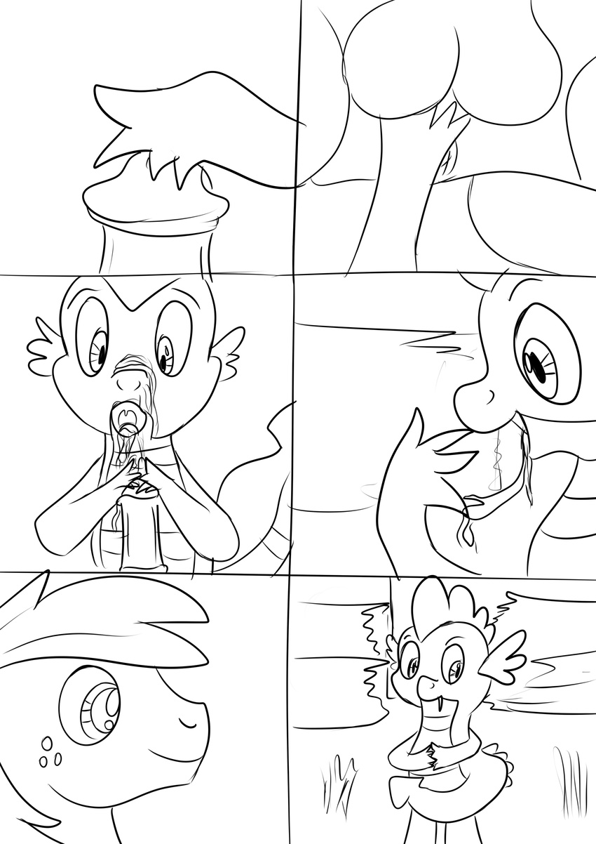 animal_genitalia animal_penis balls barn big_macintosh_(mlp) black_and_white comic cum duo equine_penis erection feral feral_on_feral friendship_is_magic jbond male male/male monochrome my_little_pony penis sketch spike_(mlp)