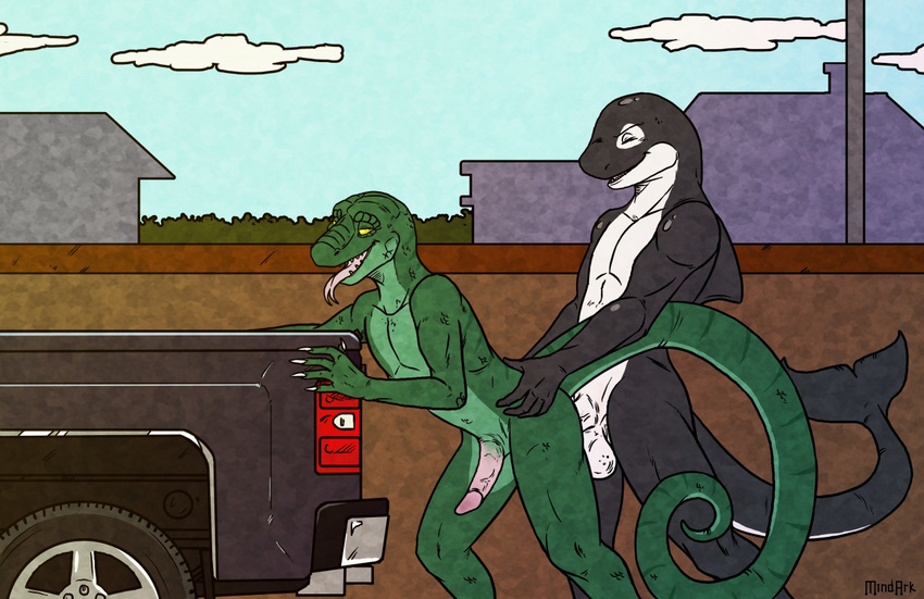 2015 alligator anal anal_penetration anthro anthro_on_anthro balls big_tail cetacean crocodilian duo erection from_behind_position fulsamee gecko hip_grab hybrid interspecies leaning leaning_forward lizard male male/male male_penetrating mammal marine mindark nude orca penetration penis pickup_truck reptile scalie sex snake standing whale