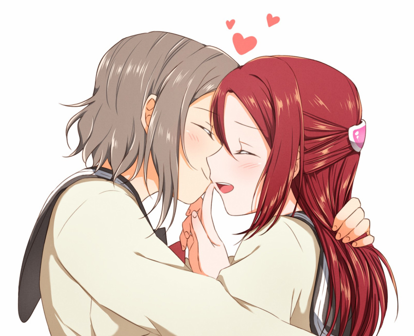 2girls :d ^_^ blush closed_eyes eyes_closed face-to-face finger_to_mouth grey_hair hair_ornament hairclip heart highres hug long_hair long_sleeves love_live! love_live!_sunshine!! multiple_girls open_mouth red_hair sakurauchi_riko short_hair sidelocks simple_background smile upper_body watanabe_you white_background yuchi_(salmon-1000) yuri