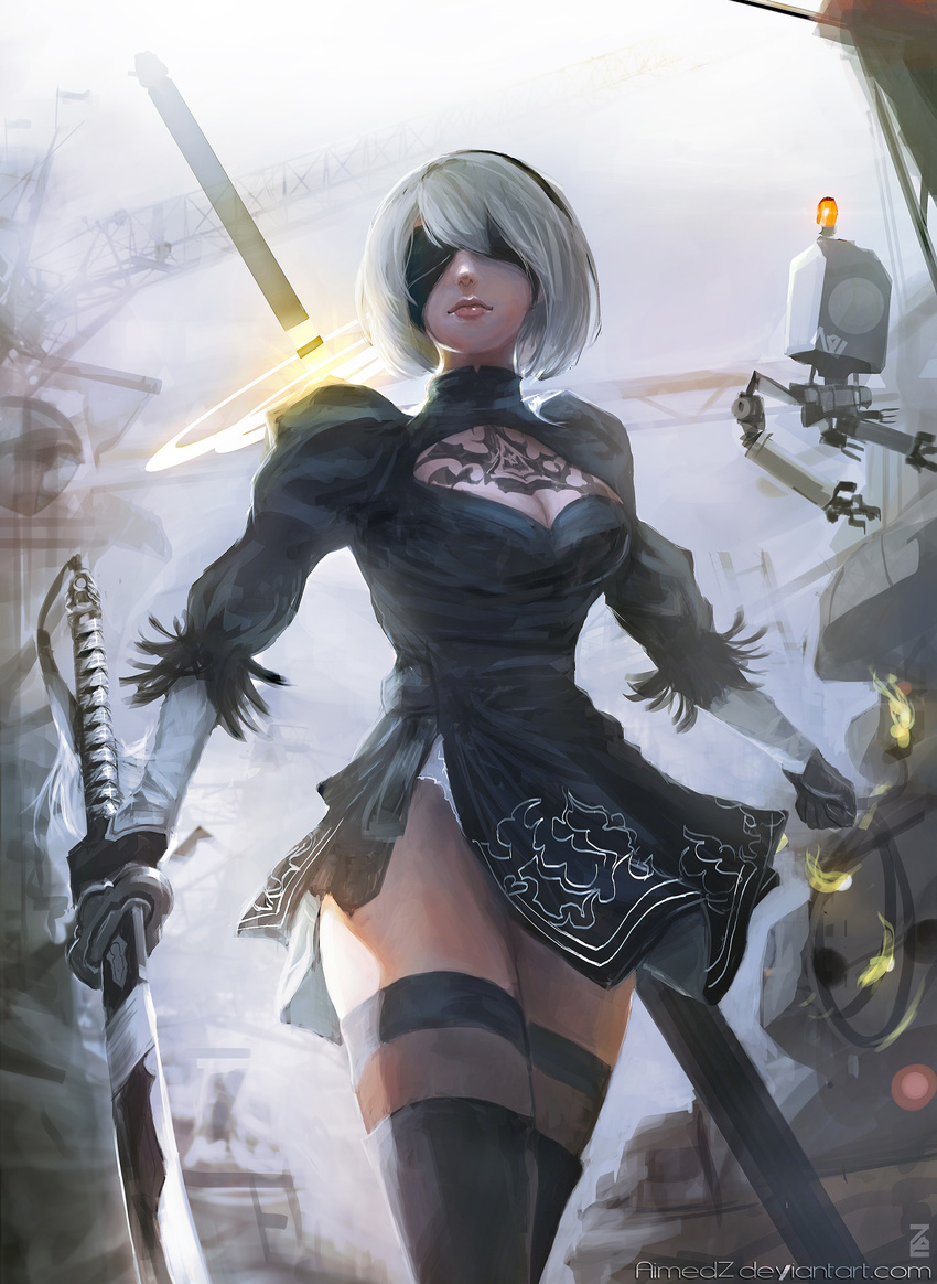 aimedz artist_name black_dress black_footwear black_gloves black_legwear blindfold boots breasts cleavage cleavage_cutout clenched_hand closed_mouth covered_eyes crane deviantart_username dress facing_viewer gloves grey_sky highres holding holding_sword holding_weapon juliet_sleeves leotard light_smile lips long_sleeves md5_mismatch medium_breasts nier_(series) nier_automata puffy_sleeves short_hair solo sword thigh_boots thighhighs thighhighs_under_boots turtleneck vambraces watermark weapon web_address white_hair white_leotard yorha_no._2_type_b yorha_no._9_type_s