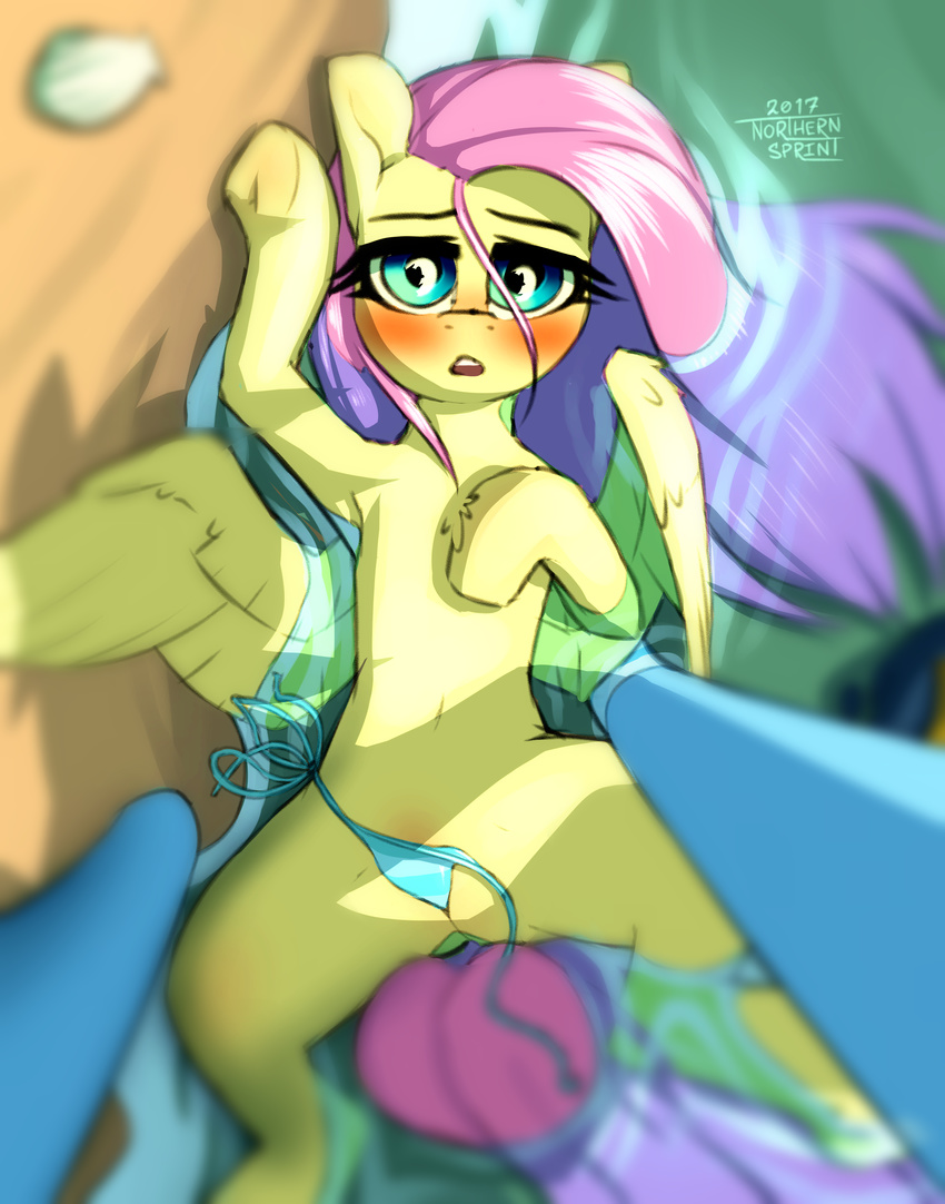 2017 absurd_res bikini bikini_bottom blush clothing equine female feral fluttershy_(mlp) friendship_is_magic hair hi_res hooves long_hair looking_at_viewer lying mammal my_little_pony northernsprint on_back pegasus swimsuit water wings