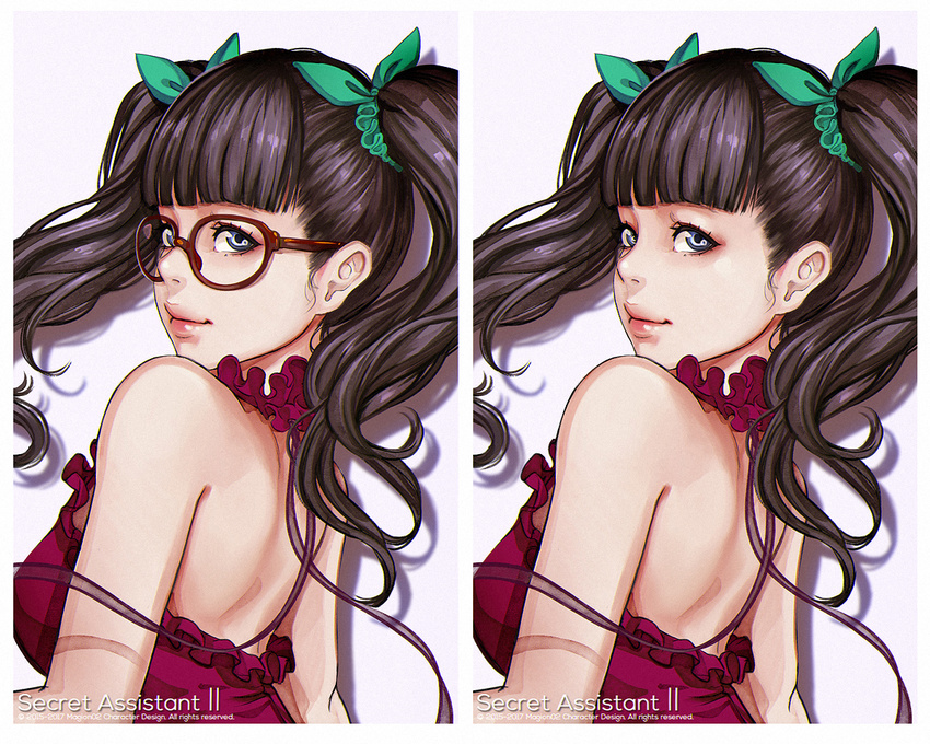 artist_name bangs bare_back bare_shoulders black_hair blunt_bangs border bow breasts brown-framed_eyewear character_name closed_mouth dress glasses green_bow green_ribbon green_scrunchie hair_ornament hair_scrunchie lips magion02 medium_breasts ms.assistant no_eyewear original purple_dress ribbon scrunchie shadow simple_background twintails variations white_border