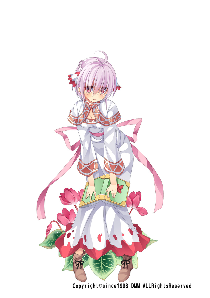 ahoge asa_no_ha back_bow book bow braid brown_footwear closed_mouth cyclamen_(flower_knight_girl) dress eyebrows_visible_through_hair flower flower_knight_girl full_body hair_ribbon half_updo highres leaning_forward object_namesake official_art pink_bow pink_hair red_eyes ribbon shawl shoes short_hair solo standing white_background white_dress