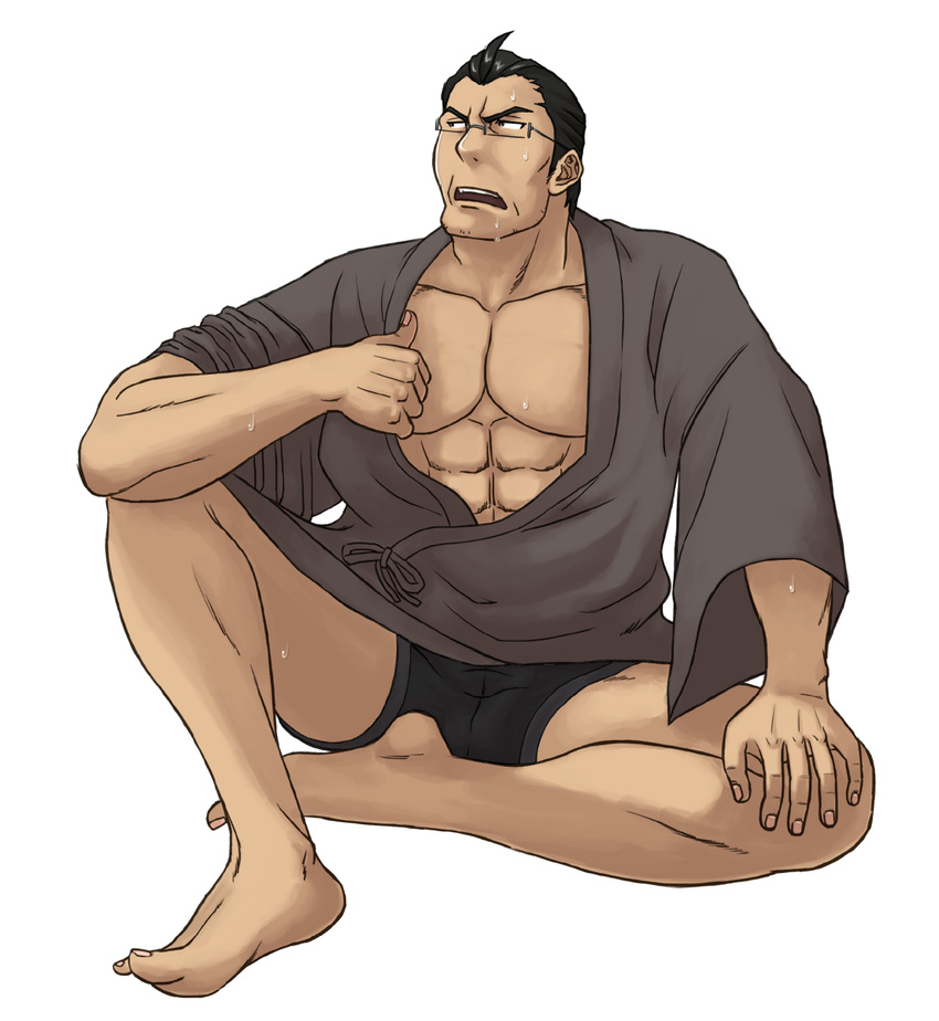 1boy bara barefoot glasses kousaka_daisuke male_focus muscle ore_no_imouto_ga_konna_ni_kawaii_wake_ga_nai sitting solo undressing