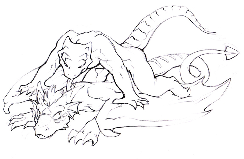 2011 anthro anthro_on_anthro big_tail domination dragon everquest iksar jathiros kneeling licking lying male morca_(character) nude nyemi pinned reptile scalie sketch tongue tongue_out video_games wings