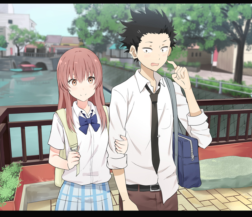 1girl arm_holding backpack bag bangs belt black_hair blurry blurry_background blush boat bow bowtie brown_eyes canal closed_mouth collared_shirt day flustered hand_on_another's_arm height_difference hetero highres holding_strap index_finger_raised ishida_shouya kenkaizar koe_no_katachi light_brown_hair long_hair looking_at_another looking_at_viewer necktie nishimiya_shouko open_mouth outdoors pants plaid plaid_skirt railing school_bag school_uniform shirt short_sleeves side-by-side skirt sleeves_rolled_up smile standing tile_floor tiles town tree watercraft wavy_mouth white_shirt