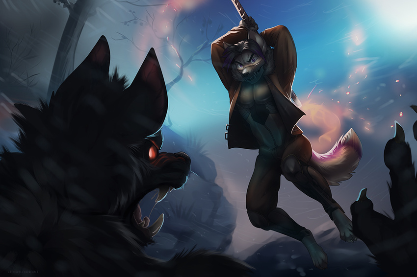 4_toes anthro barefoot black_nose blue_eyes canine closed detailed_background digitigrade duo holding_object holding_weapon koul mammal toes weapon