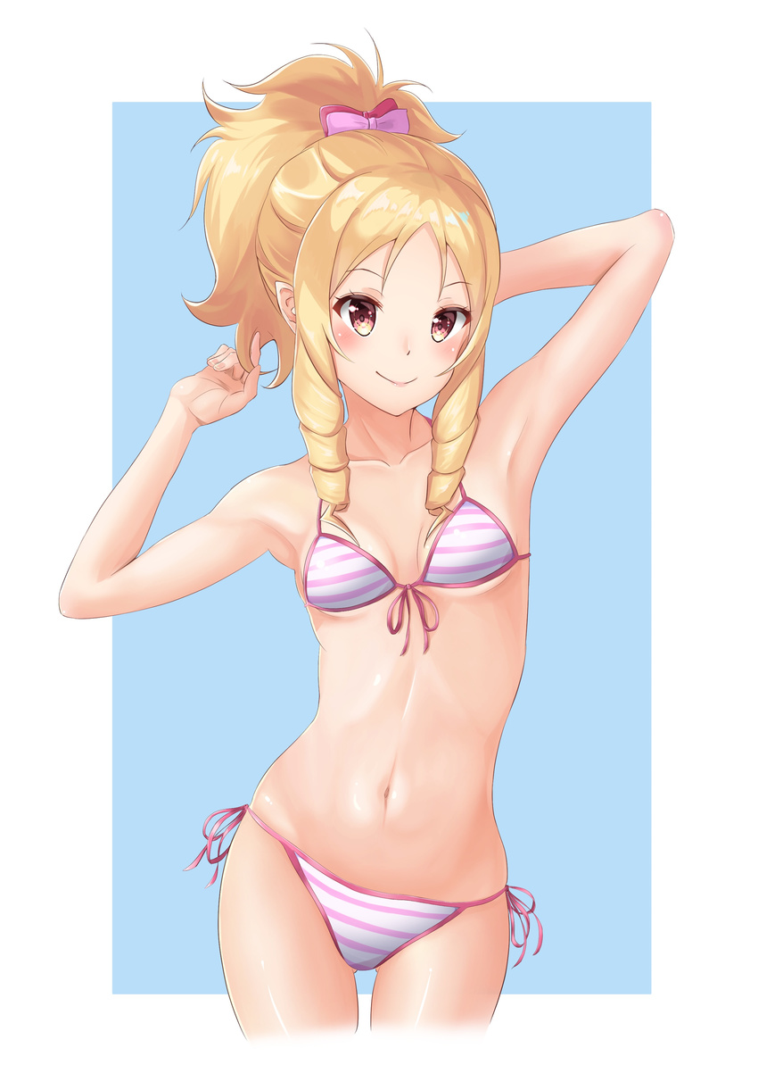 absurdres alternate_hairstyle armpits arms_up ass_visible_through_thighs bad_id bad_pixiv_id bare_arms bare_legs bare_shoulders bikini blonde_hair blush bow breasts closed_mouth collarbone commentary_request contrapposto cowboy_shot drill_locks eromanga_sensei fingernails front-tie_top furan_(pixiv20237436) hair_bow highres legs_apart long_hair looking_at_viewer midriff navel pink_bow pink_lips pointy_ears ponytail short_hair side-tie_bikini small_breasts smile solo standing stomach striped striped_bikini swimsuit yamada_elf yellow_eyes