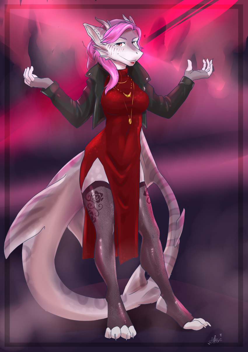 4_toes 5_fingers anthro breasts closed female fish hair marine omesore pink_eyes pink_hair purple_hair shark smile solo standing toes wide_hips