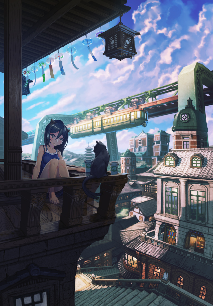 animal_ears balcony barefoot black_cat black_hair blush bra_strap building carving cat cat_ears city cloud cloudy_sky coffee_cup cup disposable_cup grey_eyes ground_vehicle hair_between_eyes head_tilt highres knees_up lantern long_hair looking_at_another monorail on_floor original outdoors railing rias-coast scenery sitting sky sleeveless smile solo stairs suspension_railway tile_roof train wind_chime