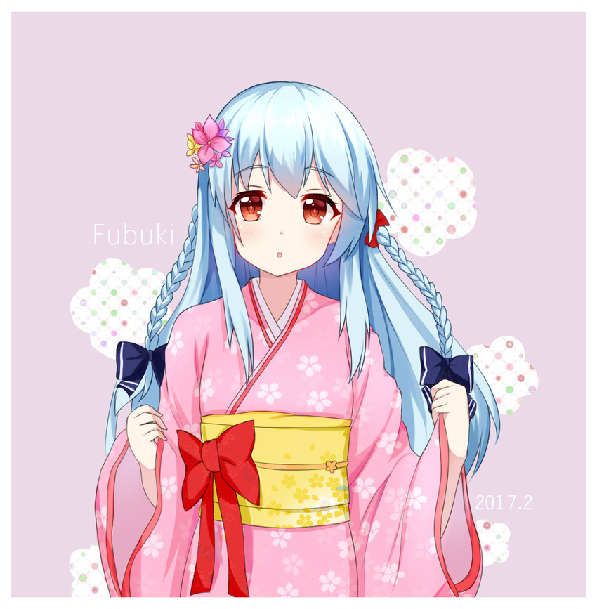 arms_up blue_bow blue_hair bow braid character_name floral_print flower fubuki_(zhan_jian_shao_nyu) hair_bow hair_flower hair_ornament highres japanese_clothes kimono long_hair looking_at_viewer obi open_mouth pinching_sleeves pink_kimono red_bow red_eyes sash simple_background solo tsukimiya_yuuko wide_sleeves zhan_jian_shao_nyu