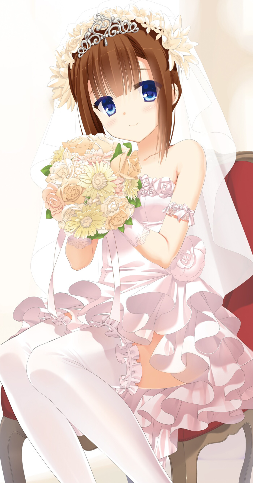 1girl absurdres blue_eyes bouquet breasts brown_hair collarbone dress flower gloves hidan_no_aria highres holding holding_bouquet kobuichi layered_dress looking_at_viewer novel_illustration official_art short_dress short_hair sitting sleeveless sleeveless_dress small_breasts smile solo strapless strapless_dress thighhighs toyama_kaname wedding_dress white_dress white_flower white_gloves white_legwear