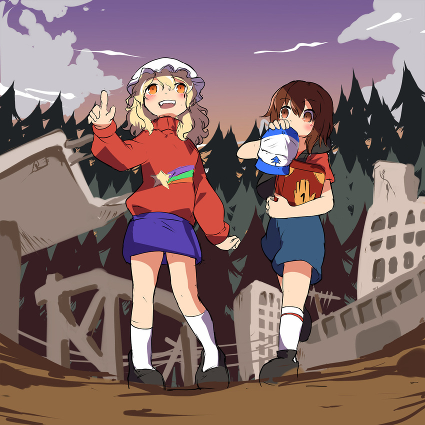 book commentary cosplay crossover dipper_pines dipper_pines_(cosplay) forest gravity_falls highres kapiten70 mabel_pines mabel_pines_(cosplay) maribel_hearn md5_mismatch multiple_girls nature resized touhou upscaled usami_renko