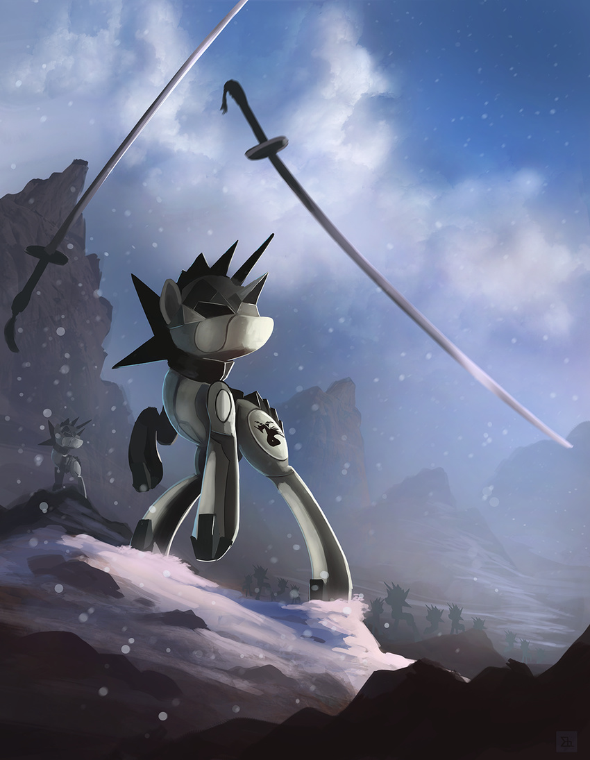 armor cutie_mark day detailed_background equine fan_character group hooves mammal melee_weapon my_little_pony outside shamanguli sky sword weapon