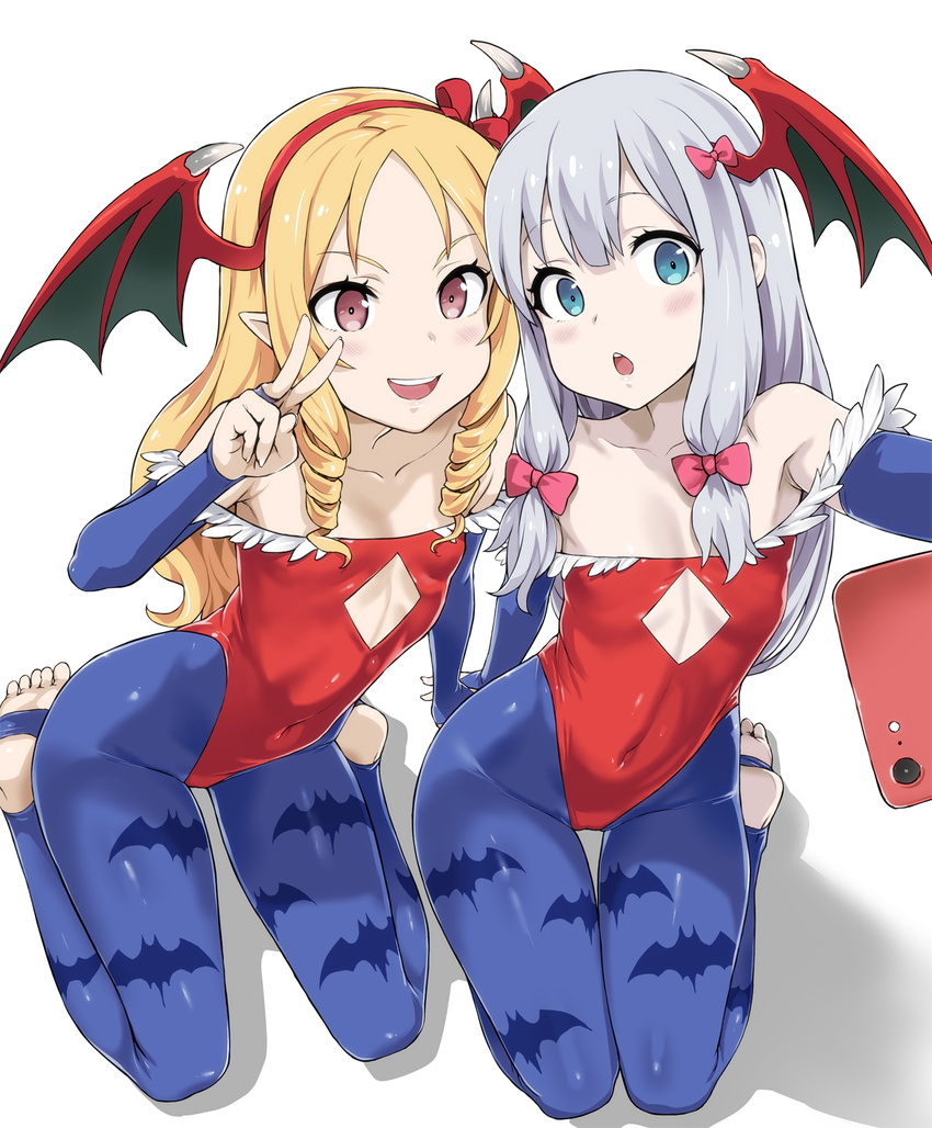 alternate_legwear animal_print armpit_peek asanagi bare_shoulders barefoot bat bat_print blonde_hair blue_eyes blue_gloves blue_legwear bow breasts bridal_gauntlets brown_eyes cellphone commentary cosplay covered_navel drill_hair elbow_gloves eromanga_sensei fake_wings fingerless_gloves flat_chest gloves hair_bow hairband head_wings highleg highleg_leotard highres izumi_sagiri leggings leotard lilith_aensland lilith_aensland_(cosplay) long_hair multiple_girls open_mouth pale_skin phone pointy_ears print_legwear red_leotard self_shot shadow sidelocks silver_hair sitting small_breasts smartphone smile soles stirrup_legwear toeless_legwear toes twin_drills v vampire_(game) wariza white_background wings yamada_elf