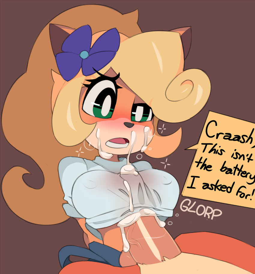 2017 anthro balls bandicoot blonde_hair breasts brother brother_and_sister captaineaglesmut clothed clothed_sex clothing coco_bandicoot crash_bandicoot crash_bandicoot_(series) cum cum_on_clothing cum_on_face digital_media_(artwork) female flower green_eyes hair incest mammal marsupial nipples open_mouth penis plant sex sibling simple_background sister titfuck titfuck_under_clothes vein video_games white_shirt
