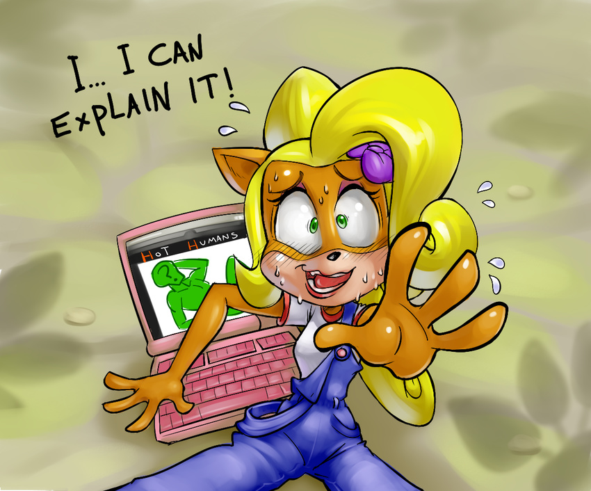 2017 anon anthro bandicoot blonde_hair blush breasts caught coco_bandicoot computer crash_bandicoot_(series) digital_media_(artwork) eyelashes female flower green_eyes hair humanoid laptop mammal mario-grant marsupial nervous open_mouth plant solo sweat text video_games watching_porn