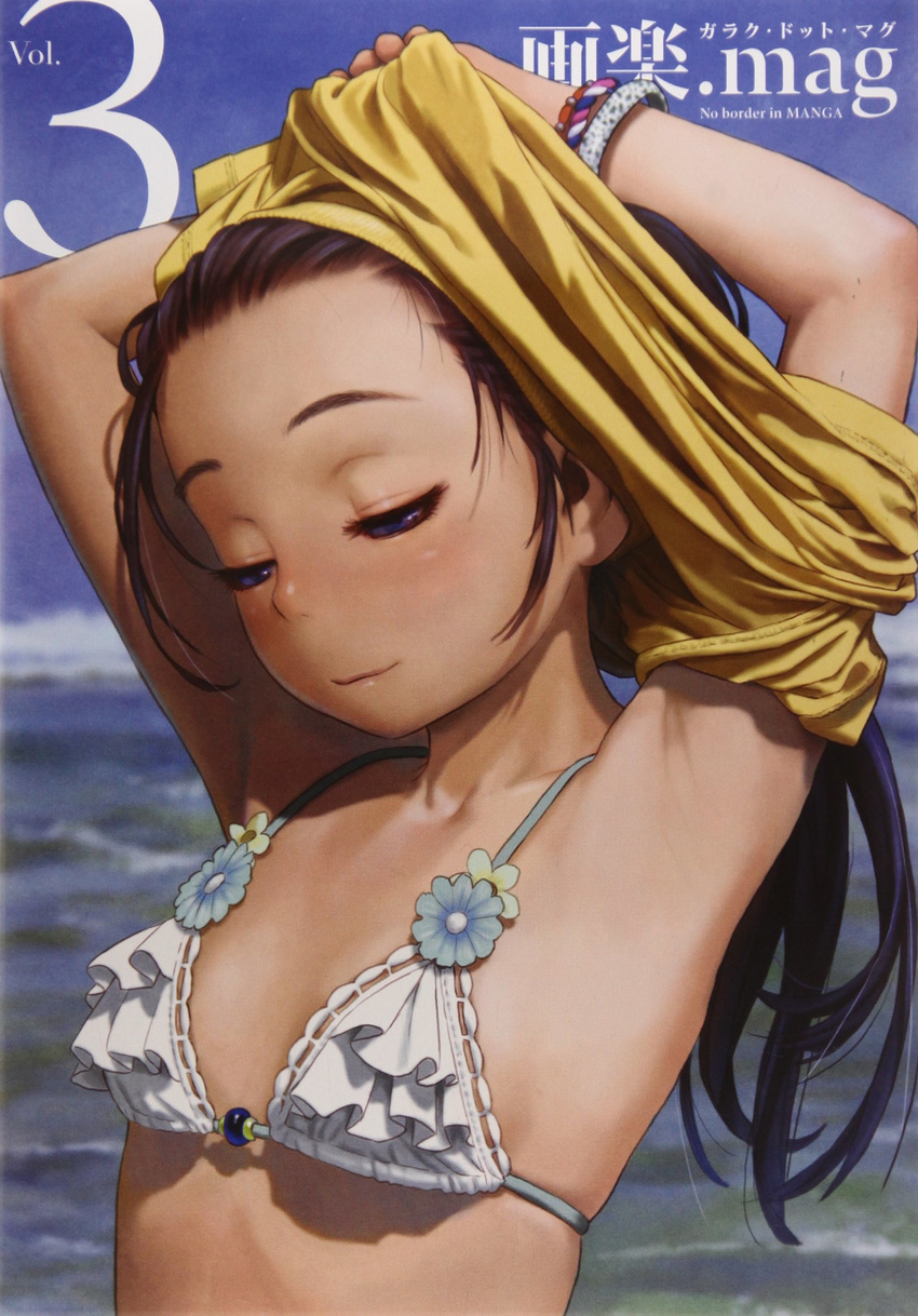 absurdres armpits arms_up bangle beach bikini black_hair blue_eyes bracelet breasts brown_hair day frilled_bikini_top frills half-closed_eyes highres jewelry light_smile long_hair looking_away murata_renji ocean original scan shirt shirt_lift small_breasts solo source_request swimsuit undressing upper_body white_bikini yellow_shirt