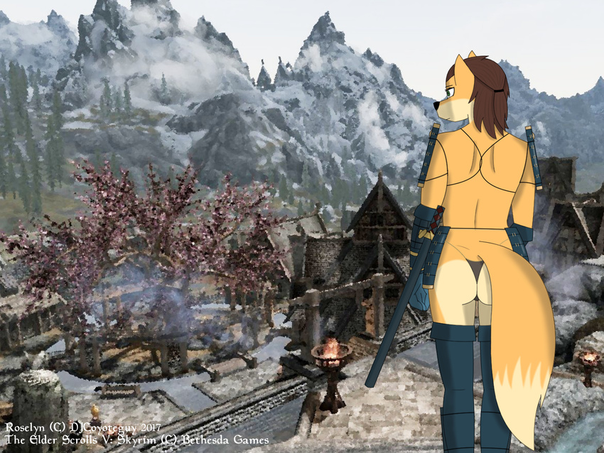 anthro armor bikini butt canine clothed clothing djcoyoteguy fox lilmothiit mammal melee_weapon outside skyrim swimsuit sword the_elder_scrolls town video_games village weapon