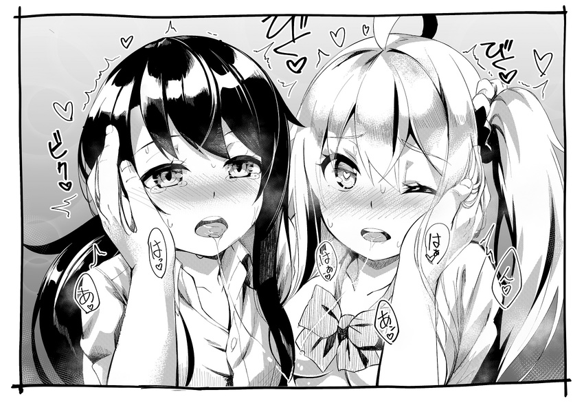 after_kiss ahoge bangs blush bow bowtie breasts collared_shirt commentary_request eyebrows_visible_through_hair greyscale hair_between_eyes hair_ornament hair_scrunchie half-closed_eyes hands_on_another's_cheeks hands_on_another's_face heart heart-shaped_pupils highres long_hair looking_at_viewer medium_breasts monochrome multiple_girls nose_blush one_eye_closed open_mouth original pov saliva saliva_trail scrunchie setsuna_(miraichizu) shirono_mirai shirt short_sleeves side_ponytail sidelocks symbol-shaped_pupils tears trembling upper_body zero_(miraichizu)