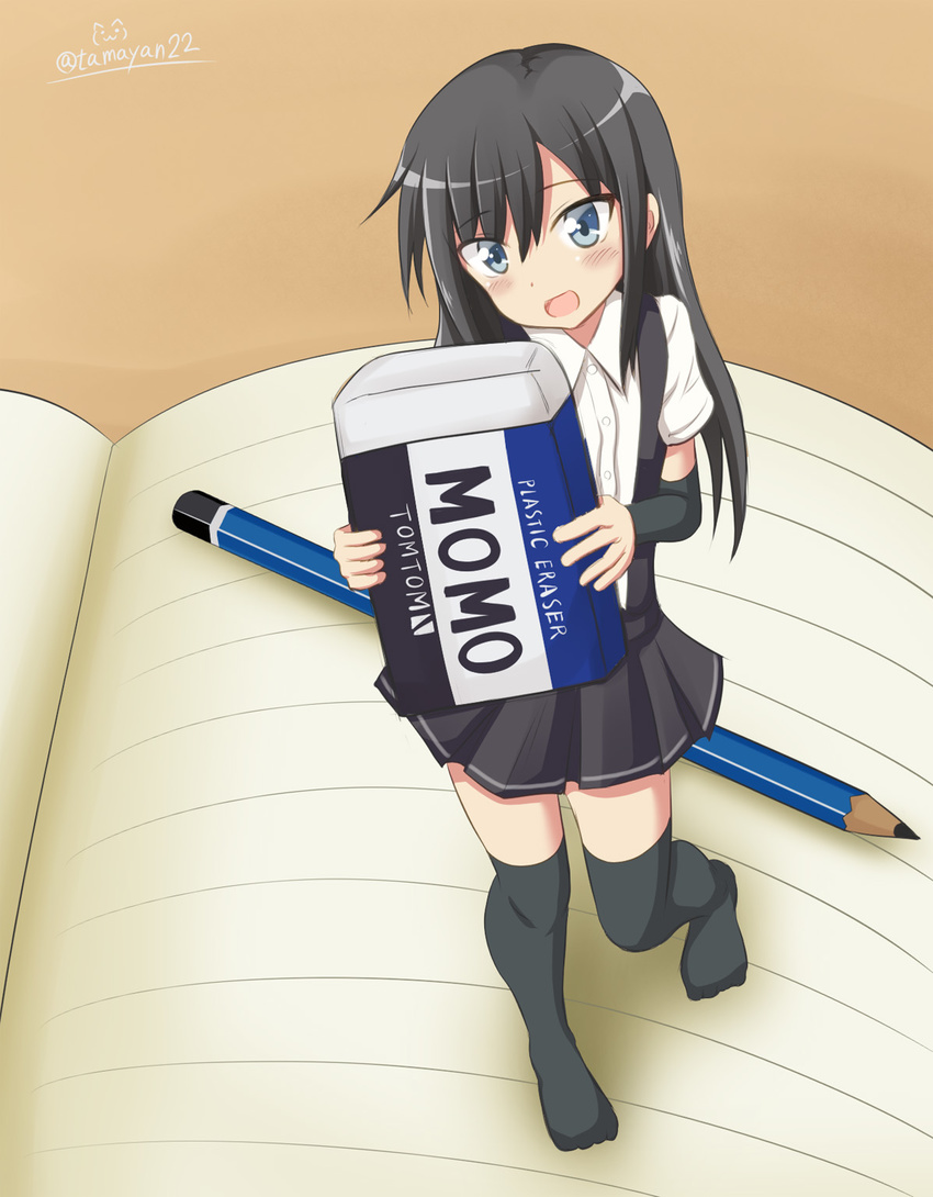 :d arm_warmers asashio_(kantai_collection) bangs black_hair black_legwear black_skirt blue_eyes blush chibi commentary_request dress_shirt elbow_sleeve eraser eyebrows_visible_through_hair from_above full_body hair_between_eyes highres holding kantai_collection long_hair looking_at_viewer minigirl miniskirt no_shoes notebook open_mouth pencil shirt short_sleeves skirt smile solo standing suspender_skirt suspenders tamayan thighhighs tombow_mono tsurime twitter_username white_shirt zettai_ryouiki