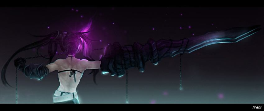 anchovy_(artist) bad_id bad_pixiv_id belt black_hair black_rock_shooter chain character_name from_behind gauntlets glowing gradient gradient_background holding insane_black_rock_shooter letterboxed long_hair muscle muscular_female outstretched_arm solo star sword twintails very_long_hair weapon