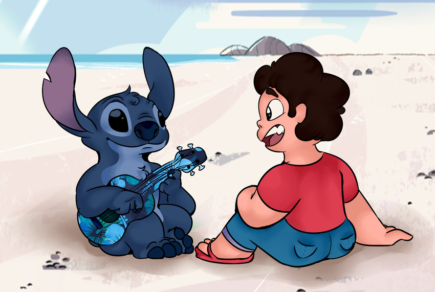 2016 3_toes alien beach black_eyes blue_claws blue_fur blue_nose brown_hair cartoon_network chest_tuft claws clothed clothed/nude clothing crossover curly_hair digital_media_(artwork) disney duo experiment_(species) footwear fur hair head_tuft holding_object human lilo_and_stitch mammal mantislady musical_instrument nose_wrinkle notched_ear nude open_mouth open_smile pants philtrum raised_eyebrows sandals screencap_background seaside shirt small_tail smile steven_quartz_universe steven_universe stitch t-shirt toe_claws toes tuft ukulele