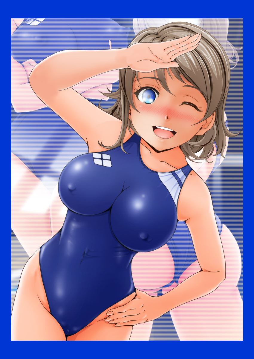 1girl blue_eyes blue_swimsuit collarbone competition_swimsuit covered_navel cowboy_shot erect_nipples erect_nipples_under_clothes grey_hair hand_on_hip highres impossible_clothes impossible_swimsuit looking_at_viewer love_live! love_live!_sunshine!! nanashi_noiji one-piece_swimsuit one_eye_closed salute short_hair solo standing swimsuit watanabe_you wavy_hair zoom_layer