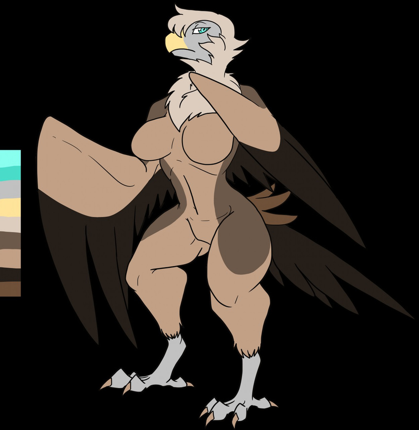 2017 4_toes :| anthro athletic avian beak big_thighs biped bird black_background black_feathers blue_eyes breasts brown_countershading brown_feathers cheek_tuft chest_tuft claws color_swatch cool_colors countershade_face countershade_torso countershading digital_drawing_(artwork) digital_media_(artwork) digitigrade feather_mane feather_tuft feathers featureless_breasts featureless_crotch female full-length_portrait grey_beak grey_countershading grey_skin head_tuft hi_res himalayan_vulture looking_at_viewer mane model_sheet multicolored_feathers natsukis_commishes non-mammal_breasts nude portrait reverse_countershading simple_background solo standing tail_feathers talons tan_feathers tan_mane toes tuft vulture winged_arms wings yellow_beak