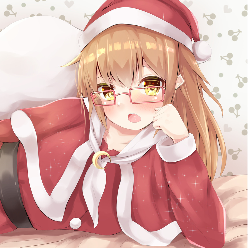 belt black_belt blush brown_hair cape capelet cherry_print collarbone crescent dress food_print fur_trim glasses hamalu hand_on_own_face hat highres indoors kantai_collection long_hair looking_at_viewer lying mochizuki_(kantai_collection) on_side open_mouth red-framed_eyewear red_cape red_capelet red_dress santa_costume santa_hat solo yellow_eyes