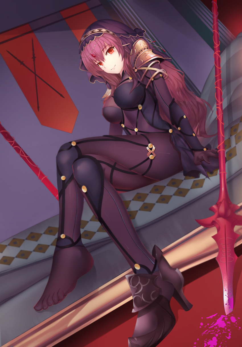 absurdres bodysuit breasts closed_mouth commentary covered_navel crossed_legs dutch_angle eyebrows_visible_through_hair fate/grand_order fate_(series) full_body gae_bolg gem high_heels highres large_breasts long_hair looking_at_viewer magician_(china) pink_blood polearm purple_bodysuit purple_hair red_eyes revision scathach_(fate)_(all) scathach_(fate/grand_order) see-through shoes single_shoe sitting smile solo spear toes veil weapon