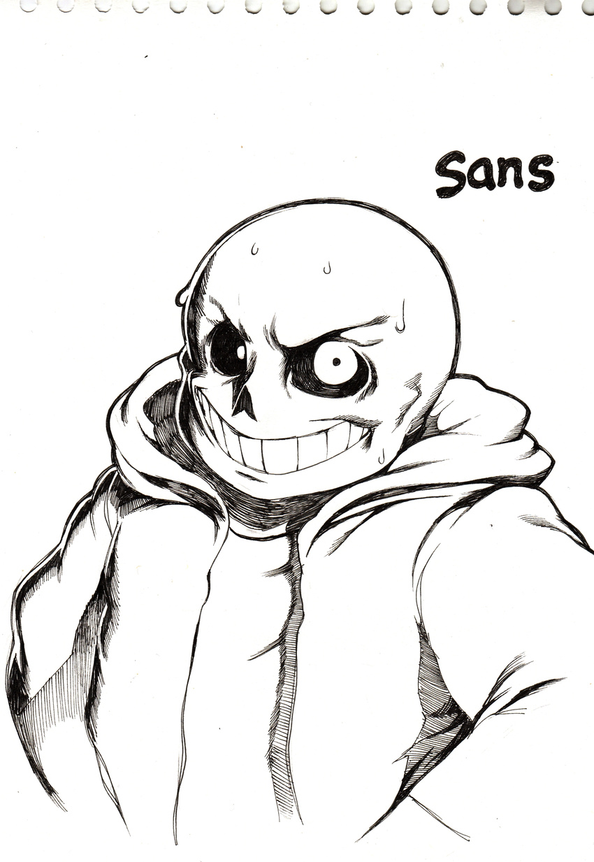 2015 animated_skeleton black_and_white bone clothed clothing hi_res male modeseven monochrome not_furry open_hoodie sans_(undertale) simple_background skeleton solo sweat sweatdrop traditional_media_(artwork) undead undertale video_games white_background